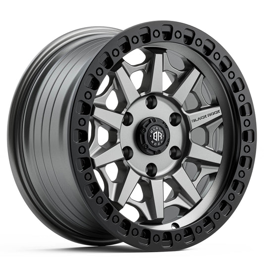 BLACK ROCK CAGE GUNMETAL GREY WITH BLACK RING 17X8 6X139.7