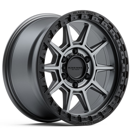 BLACK ROCK GUNNER GUNMETAL GREY WITH BLACK RING 18X9 6X139.7