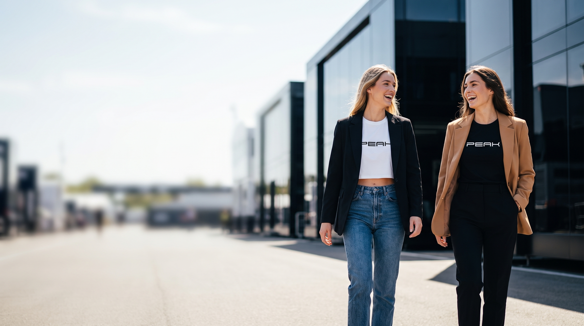 Two women in PEAK tees and tailored blazers walking through a grand prix paddock