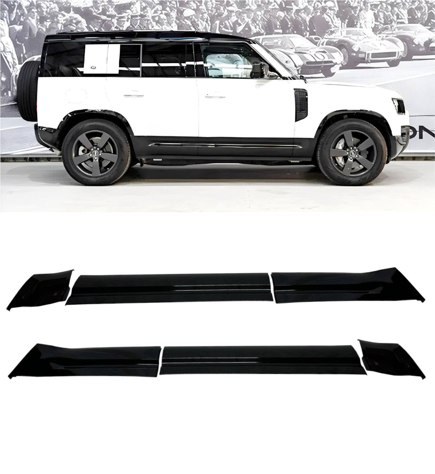 Gloss Black Side Door Moulding Skirt Trim Kit for Land Rover Defender 110 / 130 (L663)