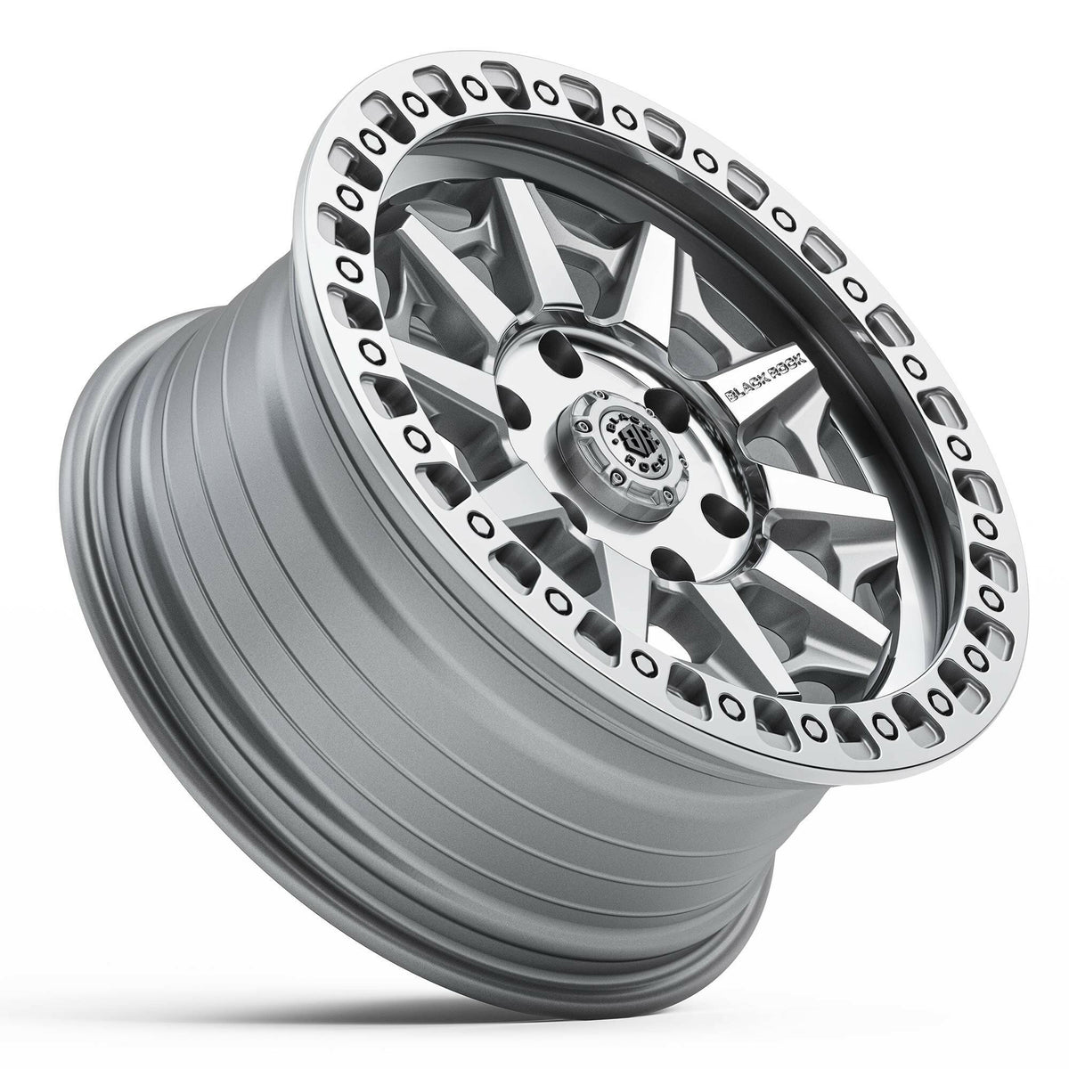 Black Rock Cage Silver Machined 17x8 wheel for KGM SsangYong Musso and Rexton, view 3