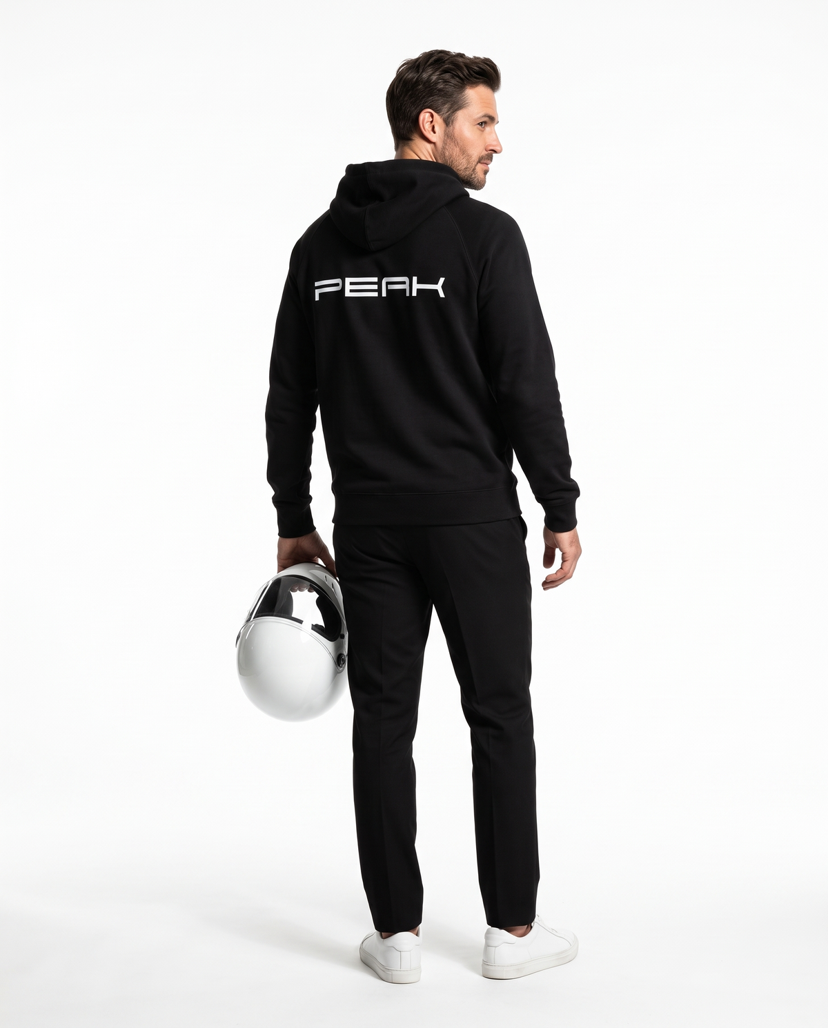 Back view of the PEAK Supply Hoodie in Black showing the wordmark back print