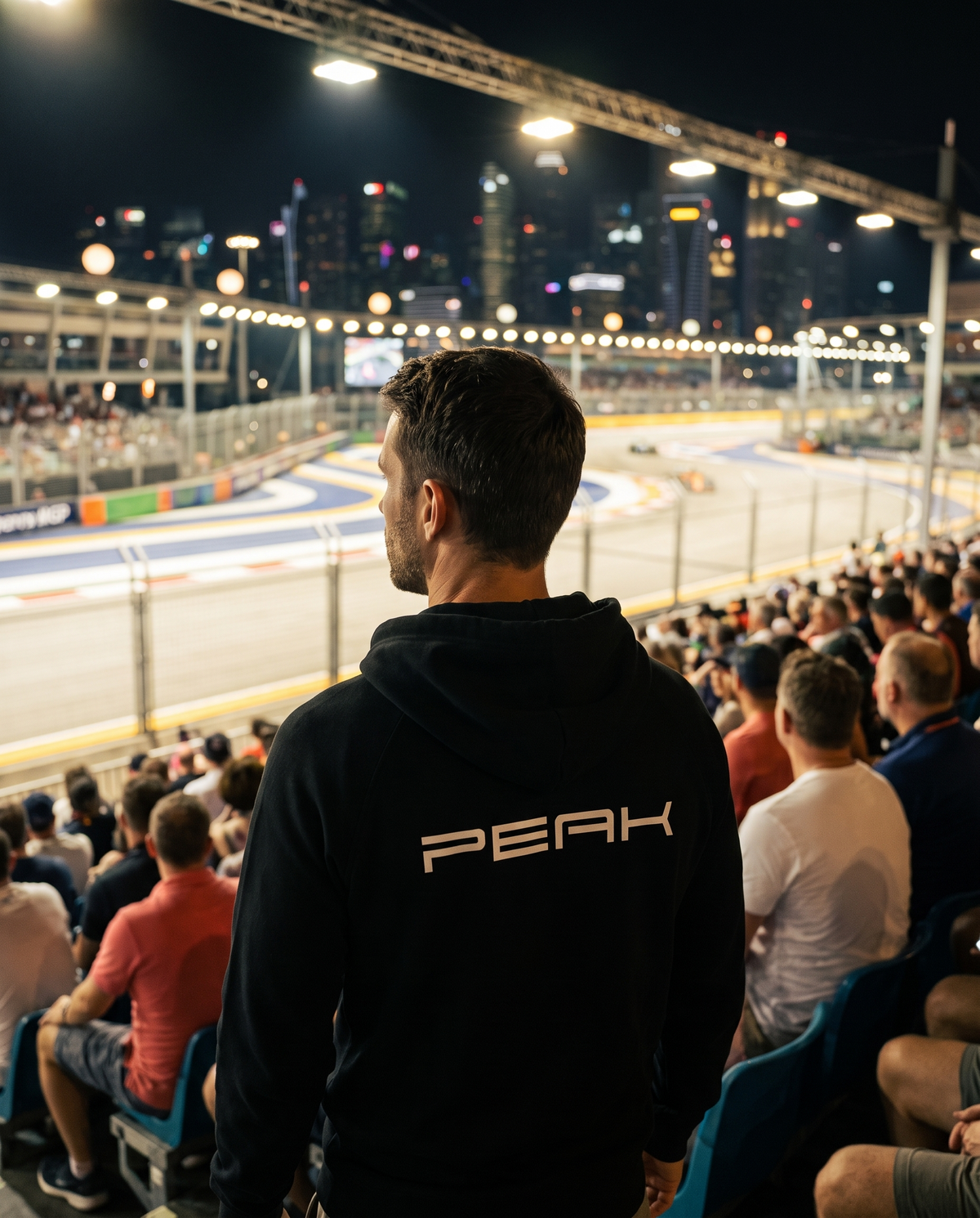 PEAK Supply Hoodie back print worn at a night grand prix