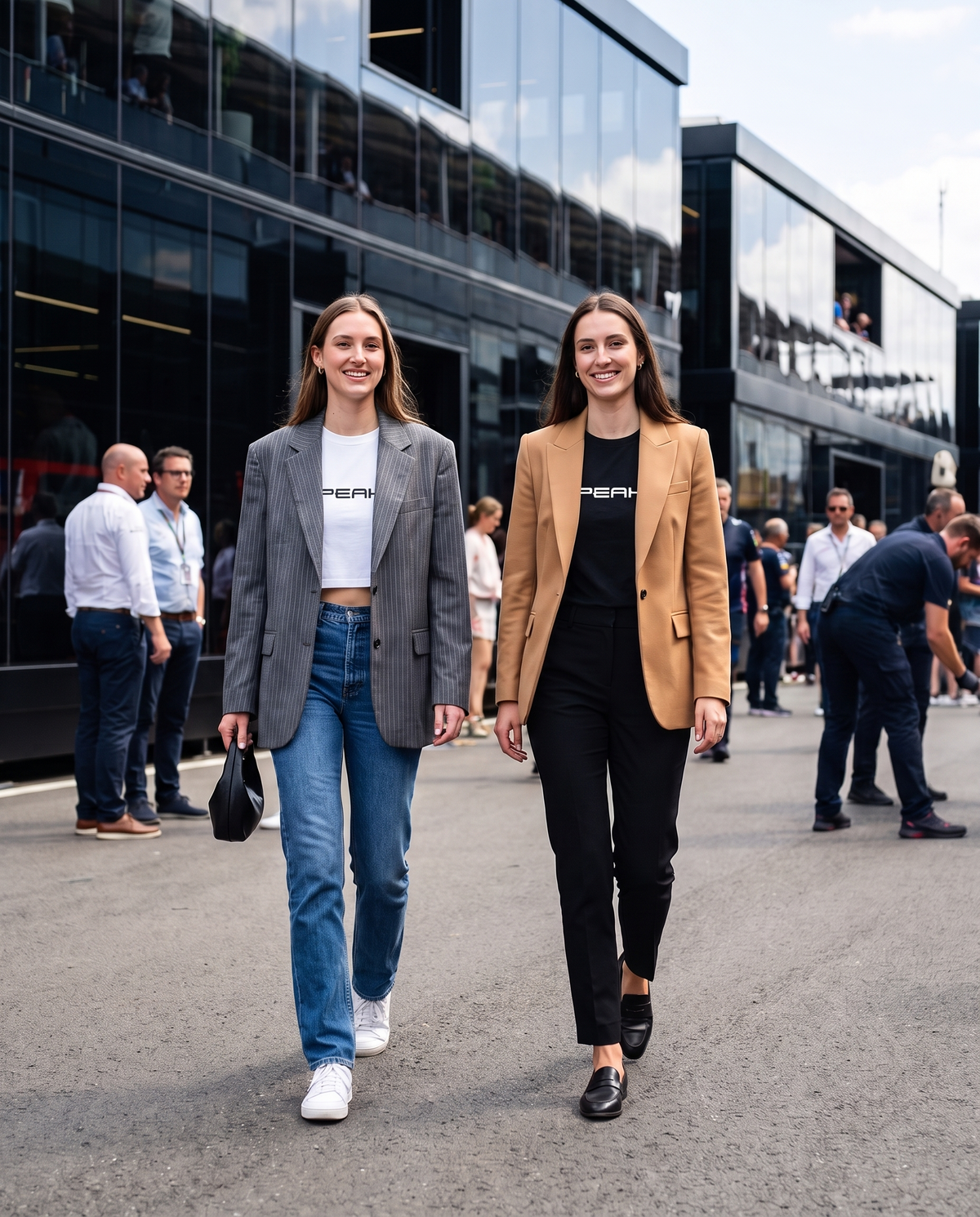 Two women in the PEAK Women's Crop Tee and Maple Tee with blazers walking through a race paddock