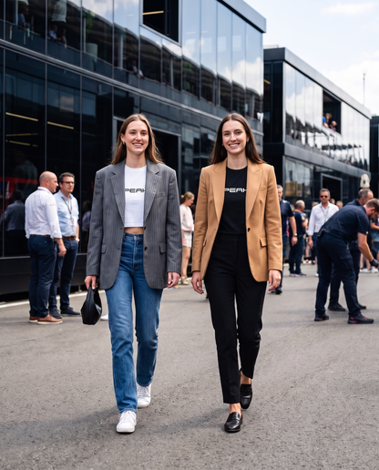 Two women in the PEAK Women's Crop Tee and Maple Tee with blazers walking through a race paddock