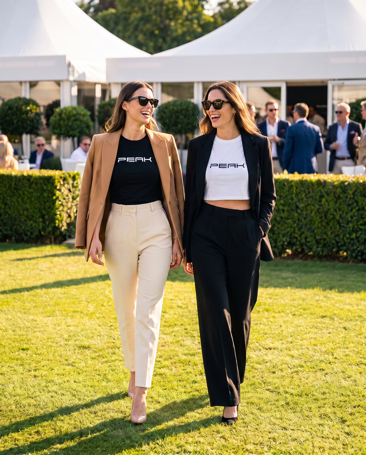 Two women wearing the PEAK Women's Maple Tee and Crop Tee with tailored blazers in a race day garden