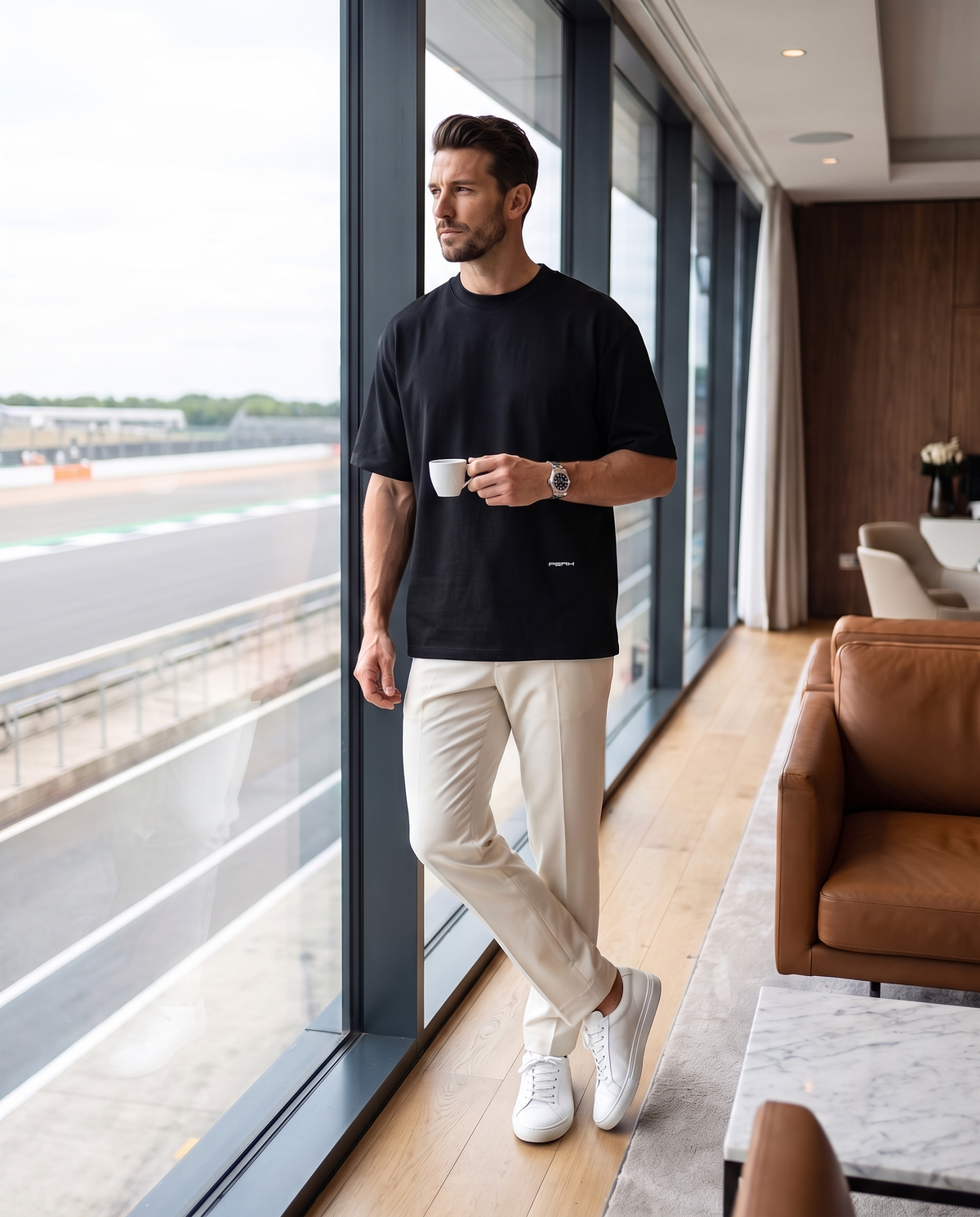 PEAK Hem Tee in Black worn in a paddock club lounge overlooking the circuit