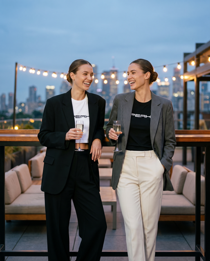 PEAK Women's Crop Tee in White under a black blazer at a rooftop bar