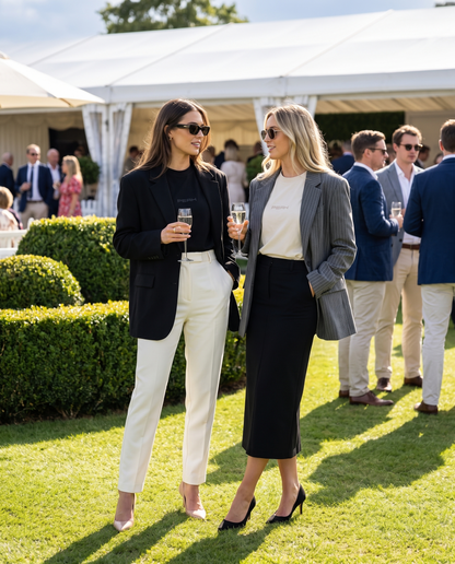 PEAK Tonal Tee in Black and Ecru worn with blazers on the lawn at a grand prix hospitality garden
