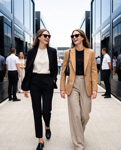 Two women wearing the PEAK Tonal Tee in Ecru and Black with tailored blazers walking through a race paddock