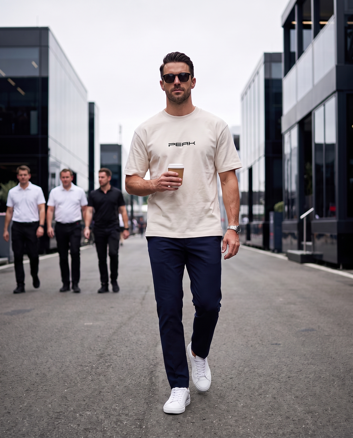 PEAK Heavy Tee in Ecru worn walking through a race paddock with a coffee