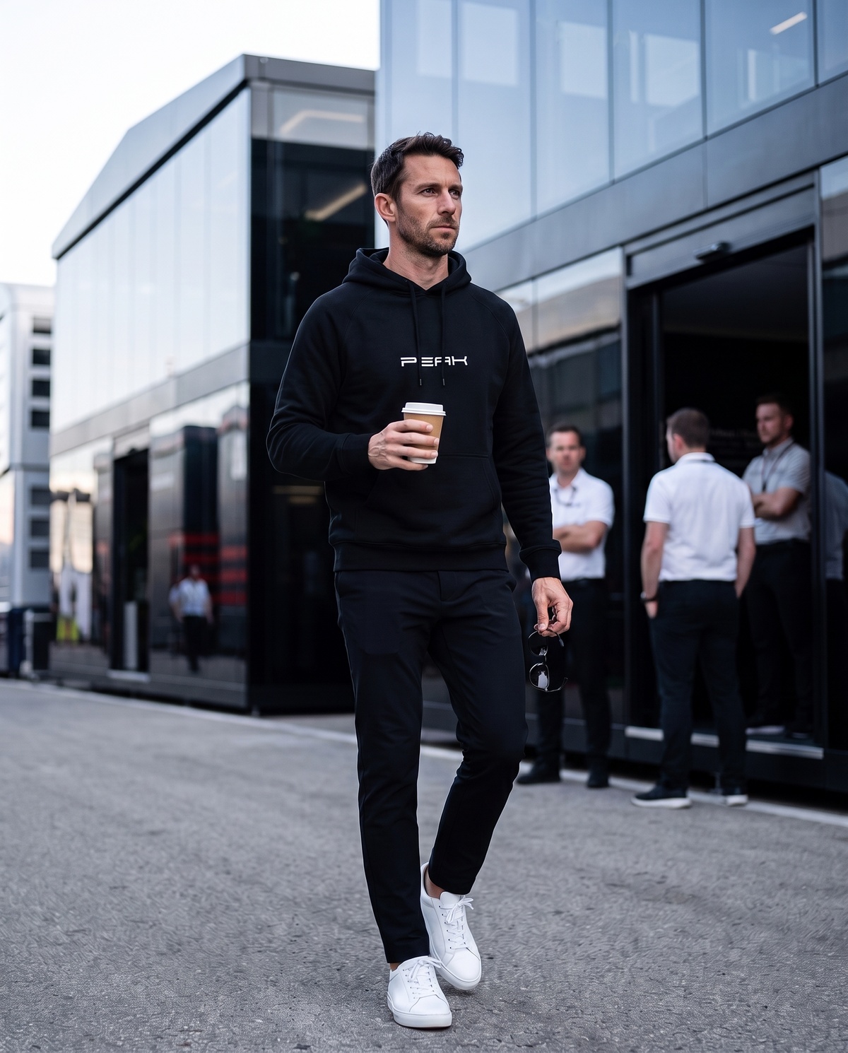 Man wearing the PEAK Supply Hoodie in Black walking through a race paddock with a coffee