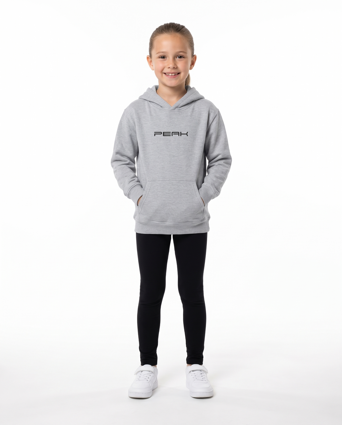 Girl wearing the PEAK Kids Hoodie in Sport Grey