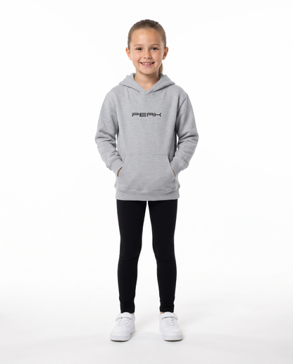 Girl wearing the PEAK Kids Hoodie in Sport Grey