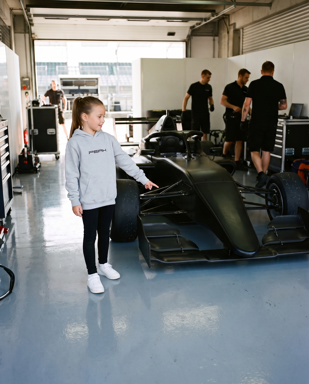 Girl wearing the PEAK Kids Hoodie in Sport Grey on a race team pit garage tour