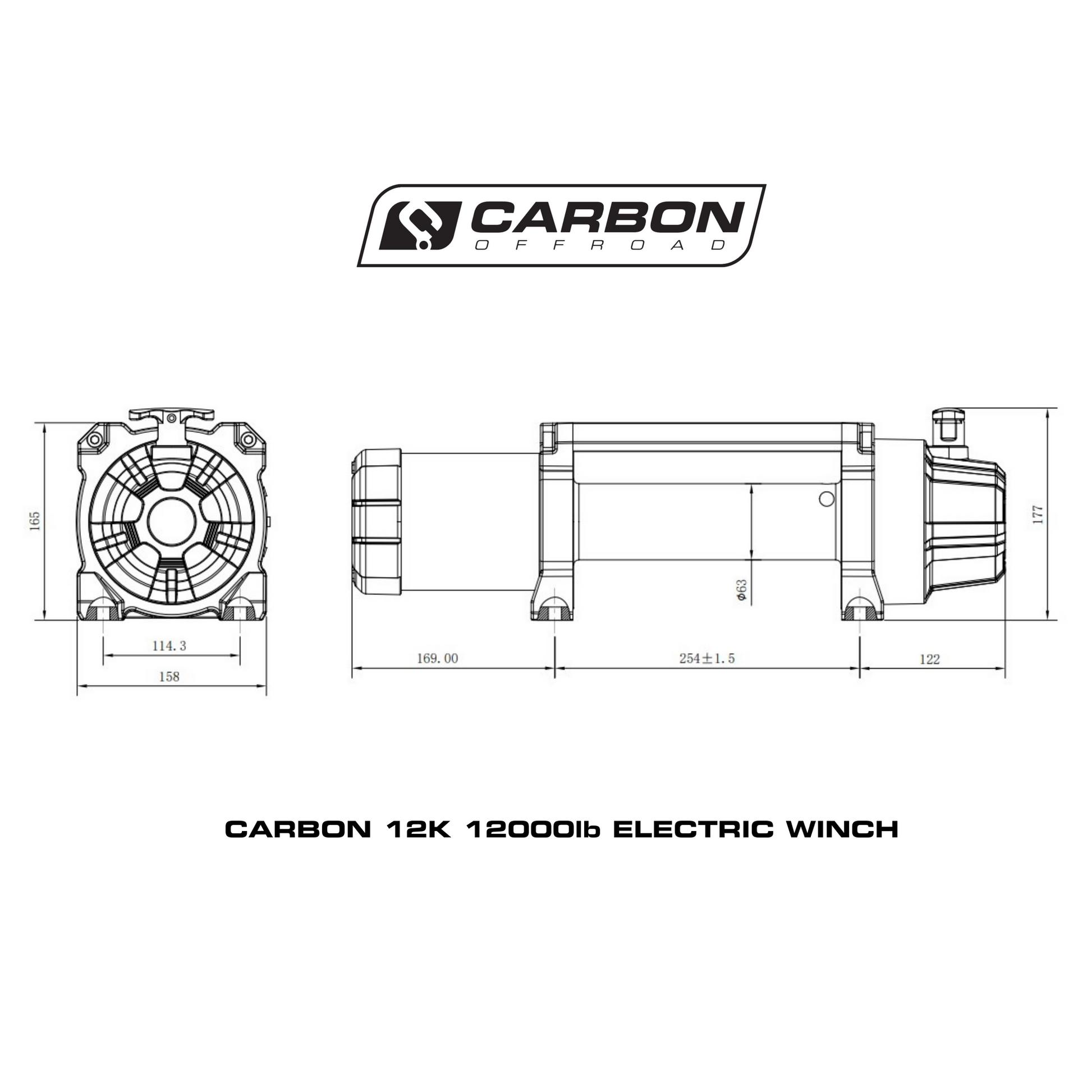 Carbon 12K 12000lb Electric Winch With Black Rope & Hook VER. 2.