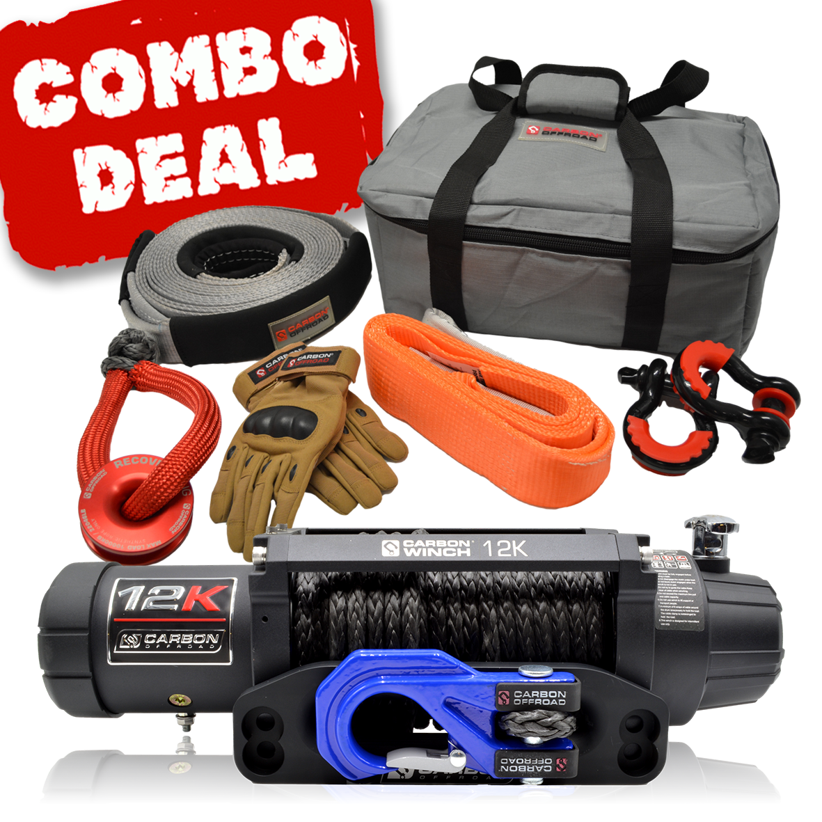 Carbon V.3 12000lb Winch Blue Hook and Recovery Combo Deal - CW-12KV3B-COMBO2 2